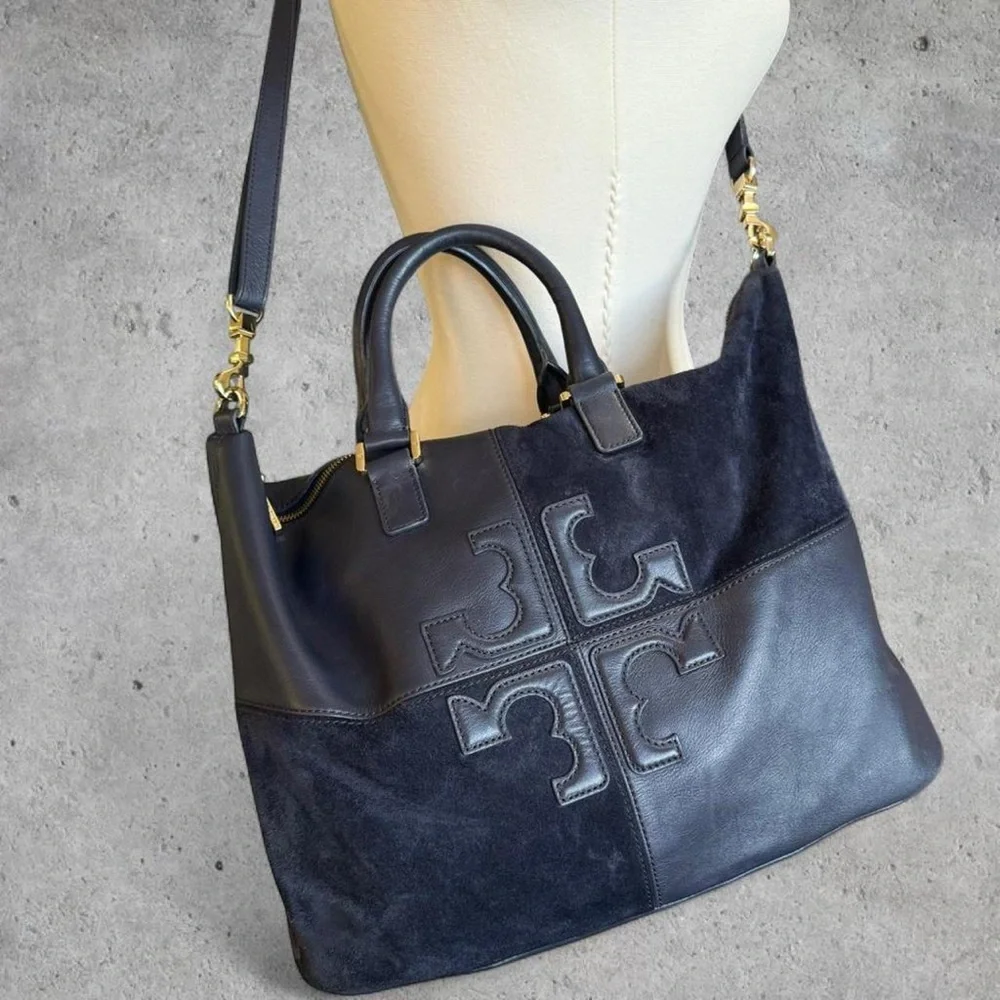 Tory Burch Navy Blue ‘Natalie’ Leather and Suede Satchel/Shoulder/Crossbody Bag - Picture 1 of 8
